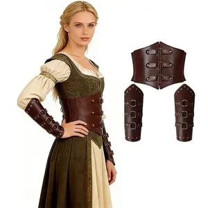 3pcs Medieval Viking & Renaissance Style Garter Belt + Metal Buckle Wrist Guards, Adult Women's Costume for Larp, Role Play, Festivals