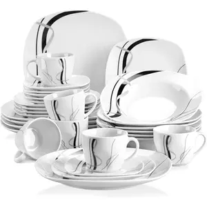 VEWEET, Series Fiona, 30-Piece Dinnerware Sets for 6, White Dishes Set with Black and Gray Stripes, Porcelain Dinner Set Including Dessert Plates, Soup Plates, Dinner Plates, Cups & Saucers VEWEET