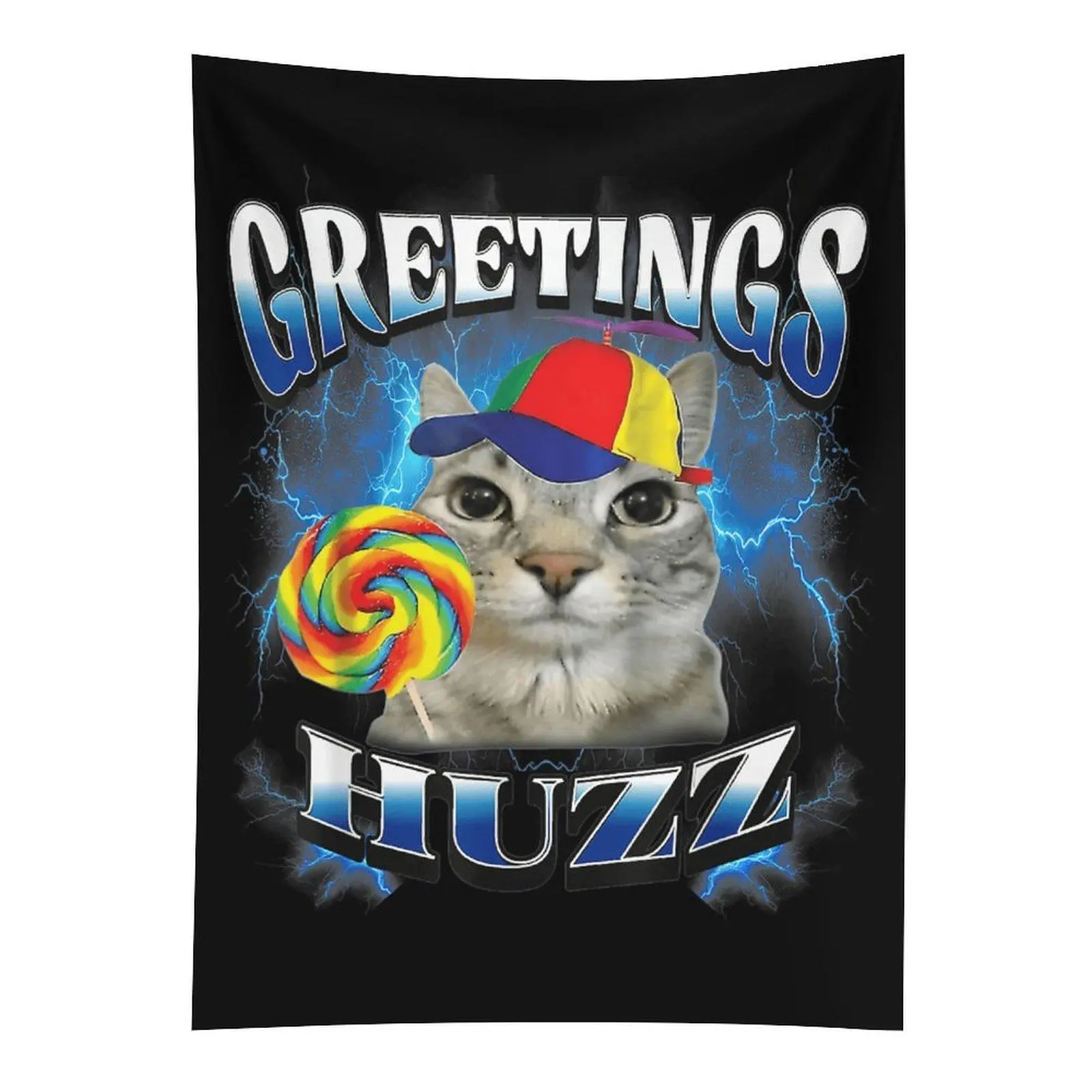 Greetings Huzz Cat Meme Wall Tapestry, Funny Lollipop Cat Wall Hanging, Gen Z Bedroom Dorm Decor