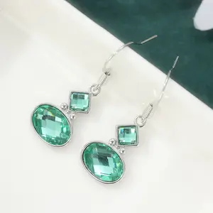 Vintage Silver Hook Earrings with Twin Green Zircon Geometric Design Elegant Exquisite for Women Unique Light Luxury Jewelry Modern Elegance