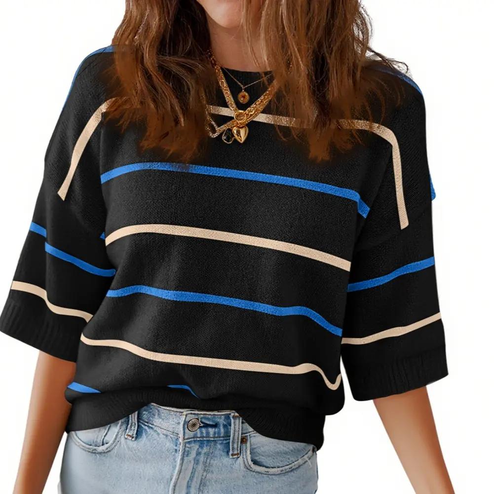 2026 Spring/Summer Women's Short Sleeve Striped Sweatshirt - Soft Breathable Fabric Crew Neck Pullover Top for Daily Wear