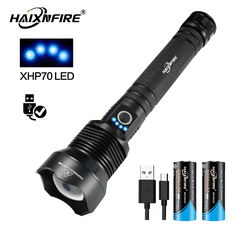 Handheld Flashlight H007 - Outdoor Camping USB-Rechargeable XHP70 Power Beam Lamp with Aluminum Body, Telescopic Focus, 200+M Reach, Waterproof Design, 3-Way Function, 2x5000mAh Lithium Batteries Included, 200+ Meter Reach