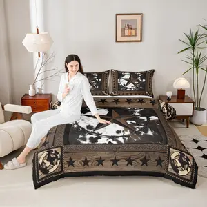 Abstract Cow Fur Print Kids Comforter Set Boys Girls Adults Xmas Decor,Western Stars Wooden Board Down Comforter,Rustic Farmhouse Bedding Set,Brown Retro Duvet Insert