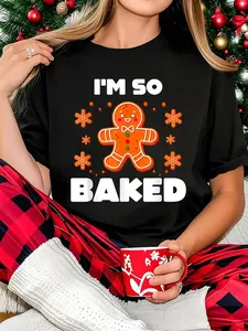 100% Cotton Women T-shirt  Women Christmas T-shirt Funny Baked Gingerbread Man Costume Christmas Cookie T-Shirt Print Round Neck Short Sleeve T-Shirt For Women Casual, Summer, Women Top Graphic Tees Women Tops