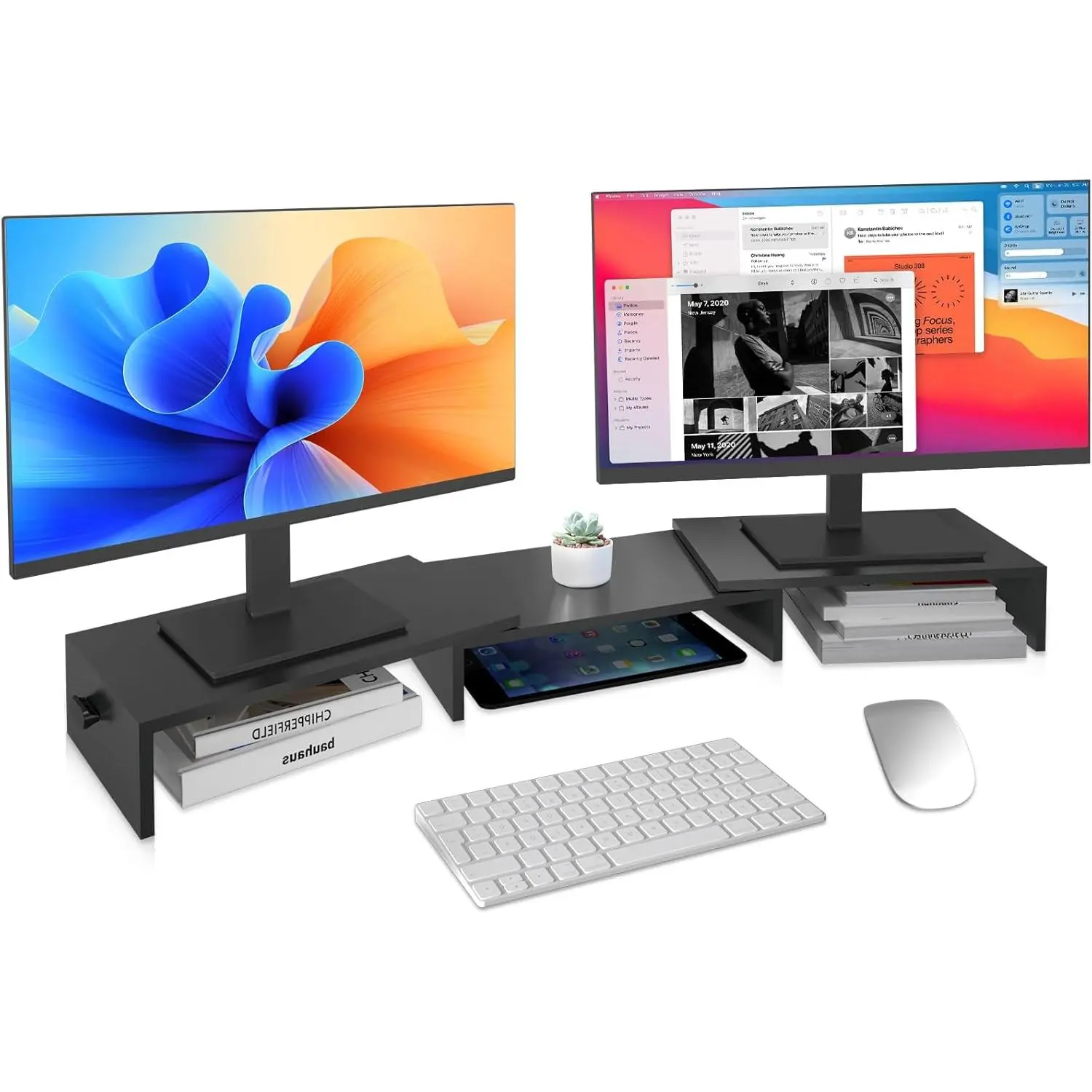 Dual Monitor Stand Riser for 2 Monitors，Desktop Monitor Stand with Adjustable Length and Swivel Angles, Extra Long Multifunctional Stand up to 48.2" fit Computer Laptop Printer Max 44 lbs