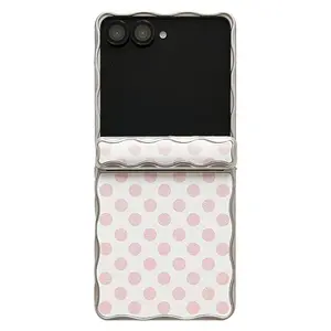 Korean Style Transparent Wave Border White with Pink Polka Dots Foldable Full Protection Anti-Drop Phone Case for Samsung Galaxy Z Flip 7 / Z Flip 6 / Z Flip 5 / Z Flip 7 FE