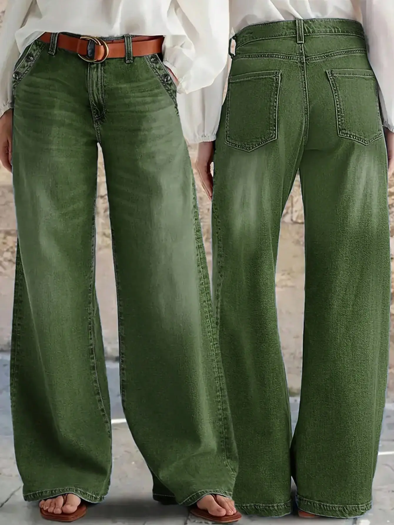 High-Waisted Wide-Leg Jeans with Button Pocket Detail – Comfortable Loose-Fit Denim for Women