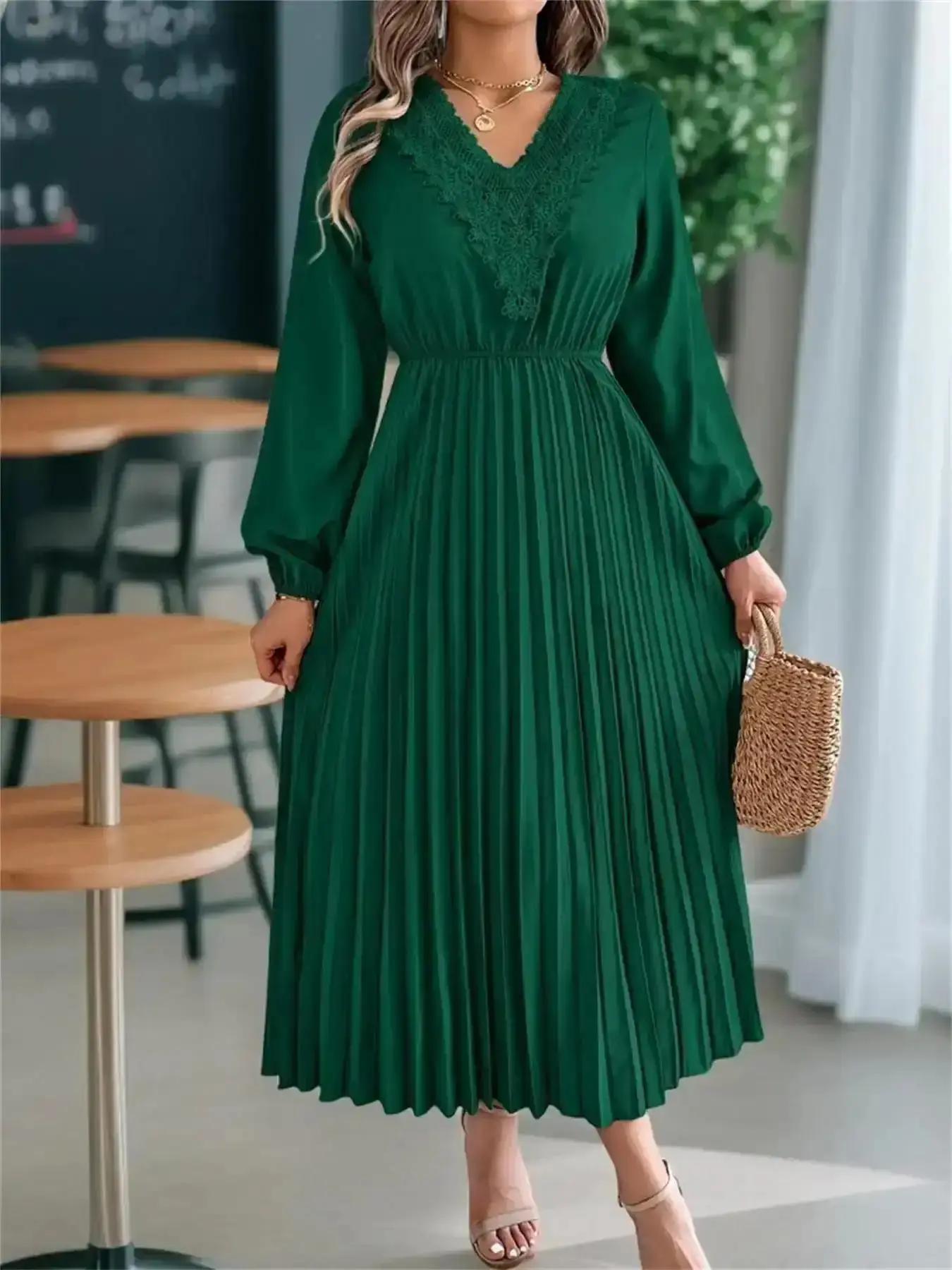 Women's Chic Plain Dress, Elegant Classy Flattering Chic Bishop Sleeve V Neck A Line Dress for Party Holiday Wedding Guest, Ladies Fall & Winter Clothes, Formal Dresses Women, Trendy, Modern