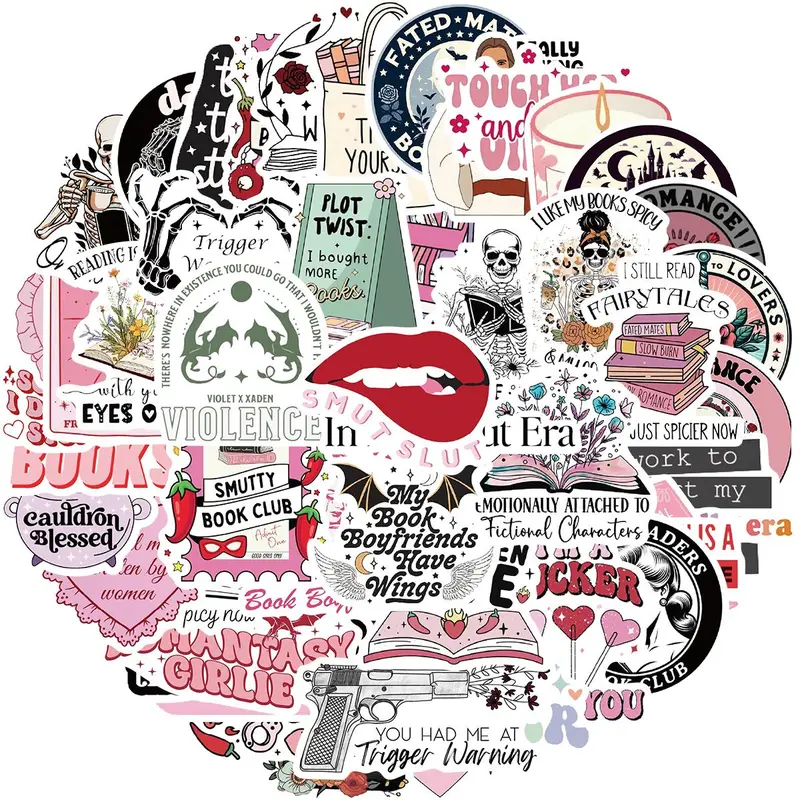 Book Themed Sticker, 50pcs/set Round Self Adhesive Decorative Stickers, DIY Decals for Water Bottle, Laptop, Phone Case, Scrapbooking, Journal Making, Ornaments
