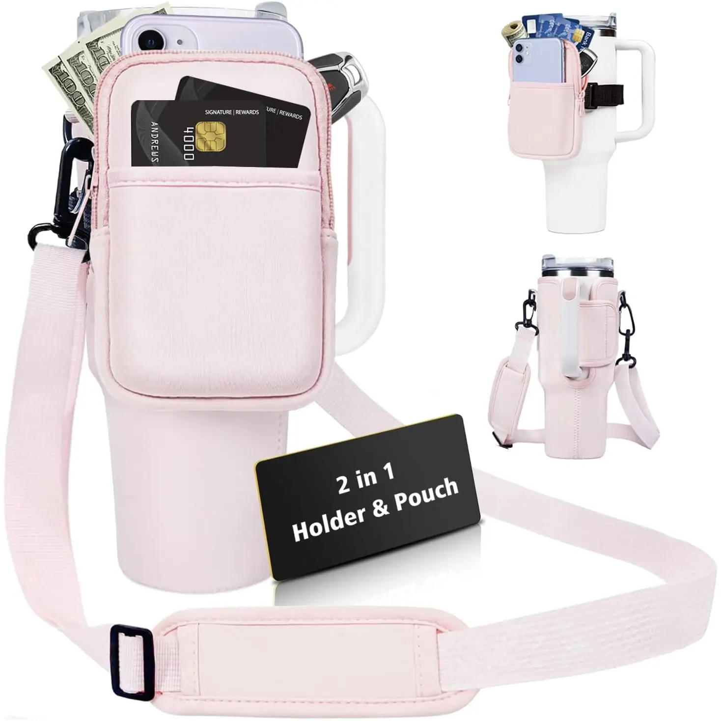 Water Bottle Carrier Bag with Pouch Pocket for Stanley Cup 40 Oz Tumbler, Neoprene Cup Carrier Holder Water Bottle Holder Pouch with Adjustable Strap & Carabiner for Stanley Cup Accessories Royacon