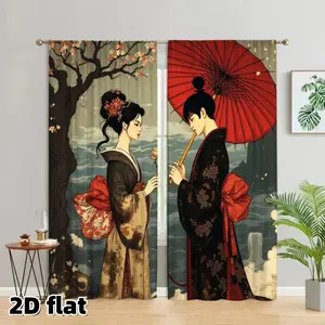 2D Flat 2Pcs Japanese Style Curtains, Asian Couple Under Cherry Blossom Tree, Traditional Kimono Design with Red Umbrella, Rod Pocket, Semi Sunshade Polyester Fiber, Suitable for Living Room Bedroom Balcony Kitchen Window Decoration, Easy to