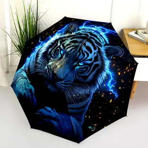 1 PC Automatic Folding Umbrella - Electric Tiger: A Mesmerizing Digital Artwork Pattern, Portable & Foldable Design with 8 Ribs, Merry Christmas Pattern,Casual Outdoor Accessory Halloween and Christmas Birthday Gifts. D00205