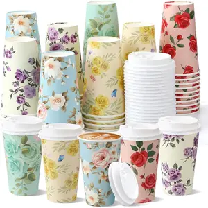 50 Pack 16 oz Disposable Coffee Cups with ,Floral Paper Insulated Hot Cups for Hot and Cold Beverages Coffee  Water Juice