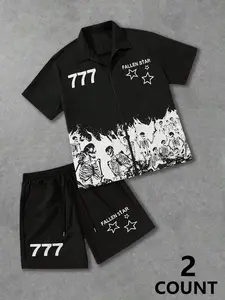 Men's Black 777 Skeleton Flame Print 2-Piece Set, Fallen Star Streetwear Shirt & Shorts Outfit