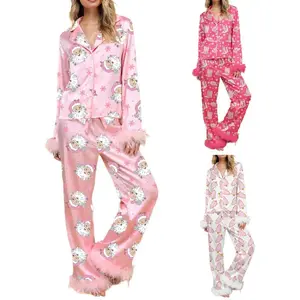 Women Christmas Pajamas Lounge Set Santa/Christmas Tree/Boots Print Shirts Tops and Pants Satin Loose 2 Piece Loungewear Outfits（gift） Long Sleeve Nightwear（gift）