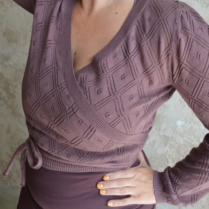Organic Cotton Women's Sweater Wrap with Diamond Lace Knit and Tie - Knitwear - Womenswear