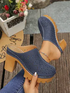 Summer New Vintage Carved Hollow Out Chunky Heel Mule Sandals, Thick Waterproof Platform High Heels, PU Leather Half Slip-On Women's Shoes