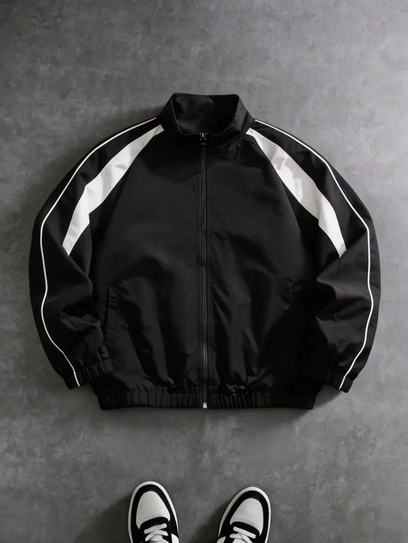 Men’s color-block striped zip-up track jacket, loose oversized stand-collar windbreaker coat, Y2K American street style retro athletic hip-hop casual outerwear for daily sports, streetwear, and dating, suitable for fall and winter outfits