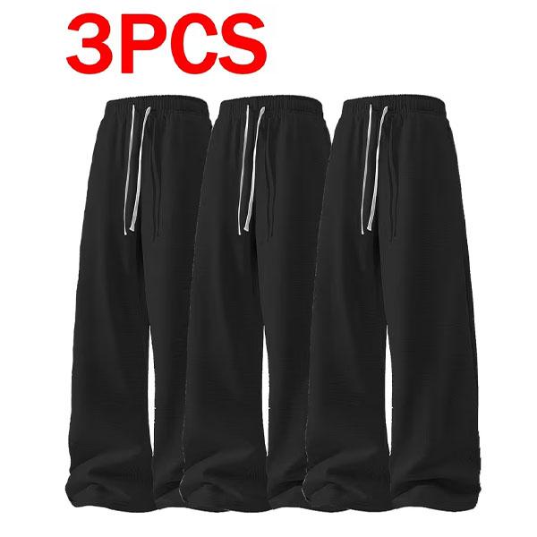 3 Pairs of Men's Lightweight Drawstring 100% Polyester Loose Sweatpants - Soft, Straight, Light Grey and Black/Dark Grey, Four Seasons Comfort with Side Pockets, Suitable for Fitness and Casual Wear, All Seasons Casual Style Jogging Pants, Sweatpants, Men