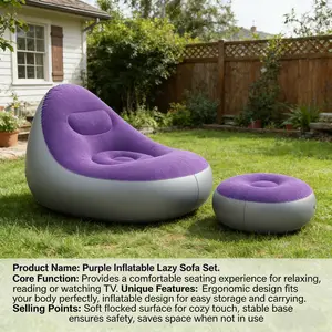 1pc Purple Flocked Inflatable Lazy Sofa with Footrest, Foldable Single Recliner, Soft Nylon Flock Surface, Lightweight Portable Design for Living Room Bedroom Balcony Indoor Relaxation, Compact Easy Storage Leisure Seat for Daily Home Use ﻿ Camping Chair