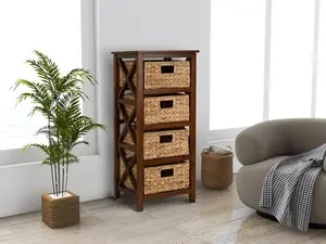 4 Tier X-Side End Storage Cabinet with 4 Water Hyacinth Natural Wicker Baskets