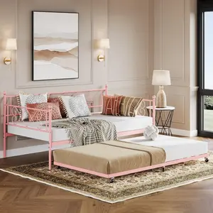 【Christmas Gift】pinksingle bed Twin Size Daybed Frame Heavy Duty Metal Slats Mattress Foundation Platform Sofa Bed With Headboard For Bedroom, Living Room, Guest Room,  Black/Pink/White Premium Choice Sleeping Solution
