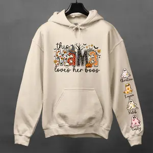 Personalized This Mama Loves Her Boos Halloween Hoodie with Kids' Names on Sleeve, Spooky Mama Sweatshirt, Cute Ghost Fall Shirt Gift for Mom