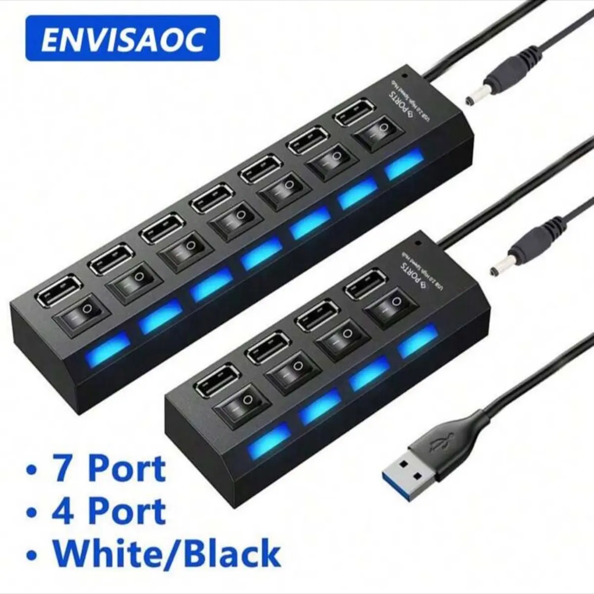 Multi Port Splitter, 7 Port USB 2.0 Hub, USB A Port bard Hub with Independent dh/o/lSwitch h and LED Indicators, Lights for Laptop, PC, Computer, Mobile HDD, Flash Drive and More (Black 2.0)
