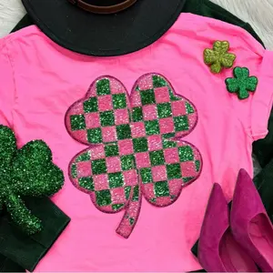 Sequin Checkered Pink and Green Shamrock Tshirt