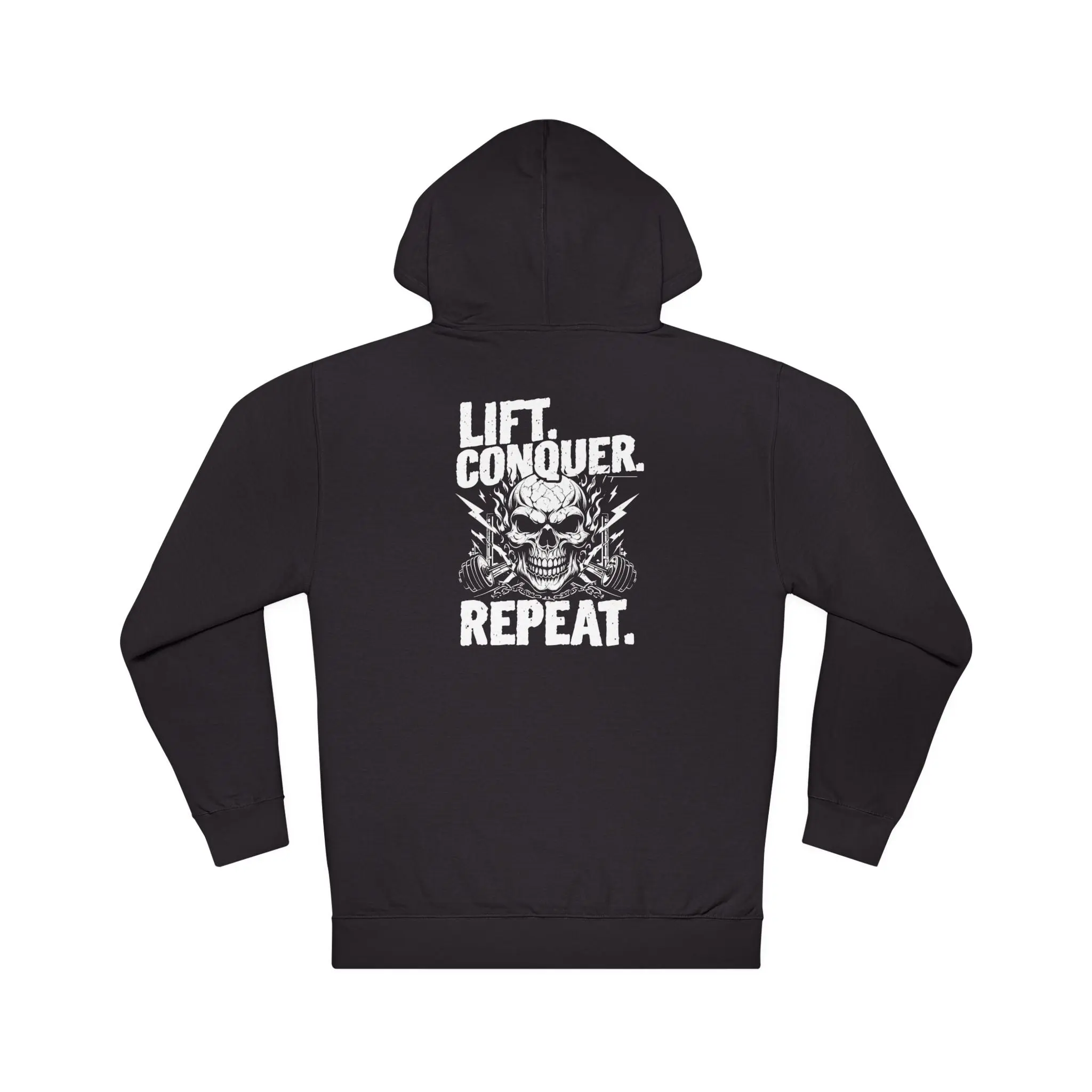 Hardcore Lift Conquer Repeat Hoodie – Dumbbell Skull Graphic Hoodie for Bodybuilders, Powerlifters & Fitness Enthusiasts