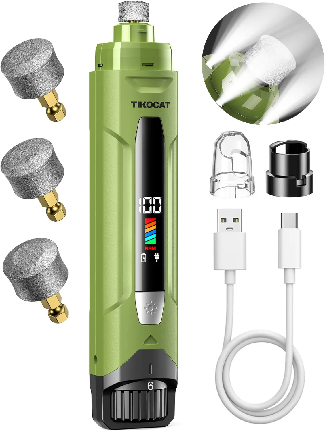 TIKOCAT Ultra-Quiet Pet Nail Grinder with Quiet Motor - 2000mAh Rechargeable Battery, 6 Speeds, 4-LED Power Display, 3 Diamond Grinding Bits, 12-Hour Runtime, Calm Gentle Paw Care, Painless Nail Grinding for Cats & Dogs, Diamond Bits