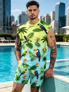 Tropical Energy Two-Piece Set, Gradient Color Block Sleeveless Shorts, Casual Slim-Fitting, Graphic Pattern, Plain Surface, Unlined