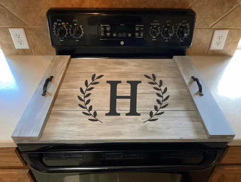 impra Wooden Personalized Circular Noodle Board Stove Cover - Customizable, Custom-Size Handheld Chopping Board with Initials, Leaf Detail, 22in Back to Front, 30in Side to Side, Electric Food Warmer
