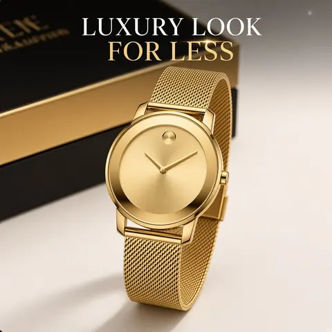 Women's Elegant Minimalist Durable Gold Ultra-Thin 40mm Analog Chronograph Quartz Watch - 30m Waterproof, Stainless Steel Mesh Band, Compass, Clasp Closure, Fashion Round Dial, Gold Metal Wrist Watch, Office/Daily Wear, Gift for Her with Gift Box