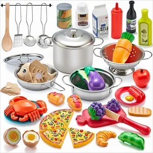 F-MTS30  Pretend Play Accessories - 52pc Kids Kitchen Playset with Play Food, Stainless Steel Cookware, Toys Pots and Pans, Toddler Kitchen Set with Cuttable Toy Food - Boys and Girls Gift
