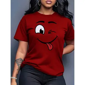 Women's Short Sleeve T-Shirt with Smiley Face Print Round Neck Casual Elegant Romantic Summer Fashion Commuting Vacation Daily Versatile Top Multiple Colors Available S-XXXL