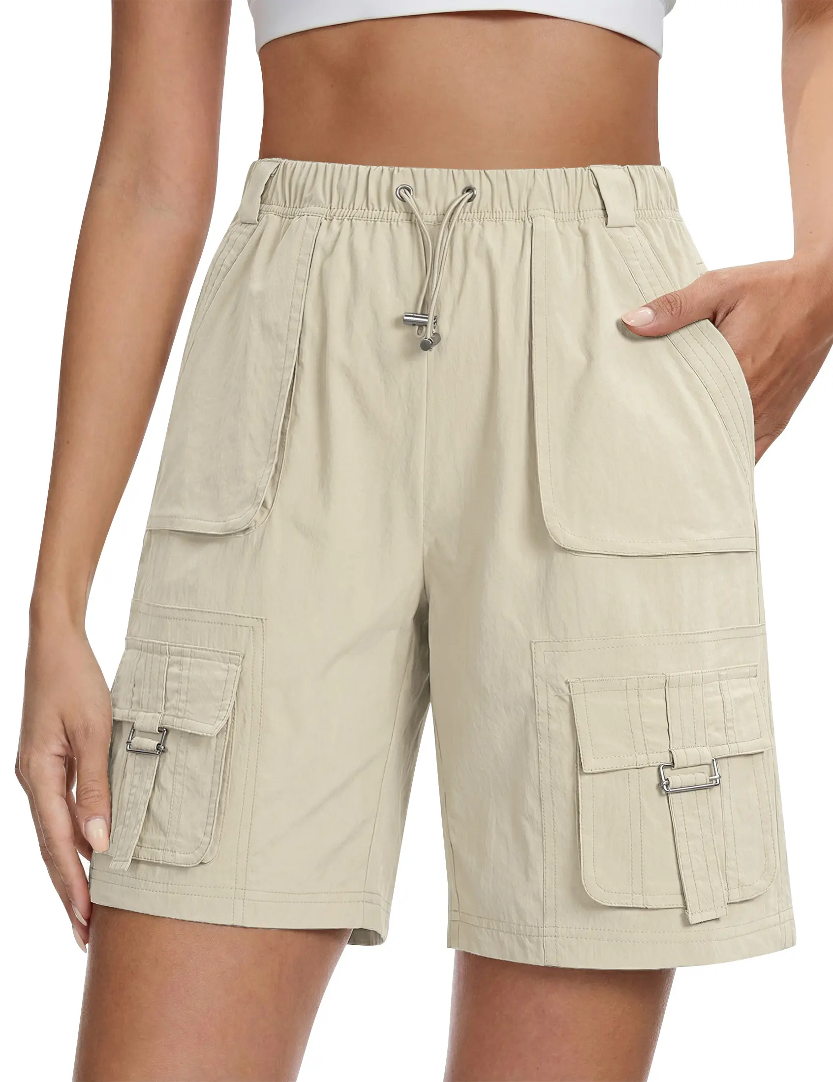luvamia Hiking Shorts for Women Bermuda Knee Length Cargo Pull On Quick Dry Elastic Waist Sport 9'' Inseam Long Shorts