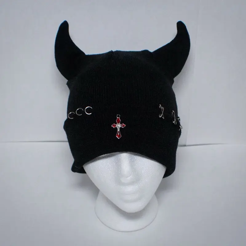 Red Cross Devil Horn Beanie - Black, Features Cross Design, Riders' License Plate, Made from Warm Knit Fabric