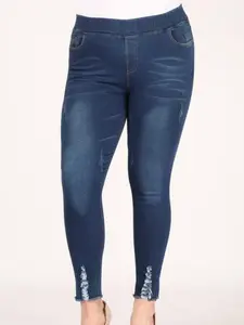 Plus Size Mid-rise Blue Denim Jeggings Pants with 5 Pockets & Belt Loops 76% Cotton 22% Polyester 2% Spandex
