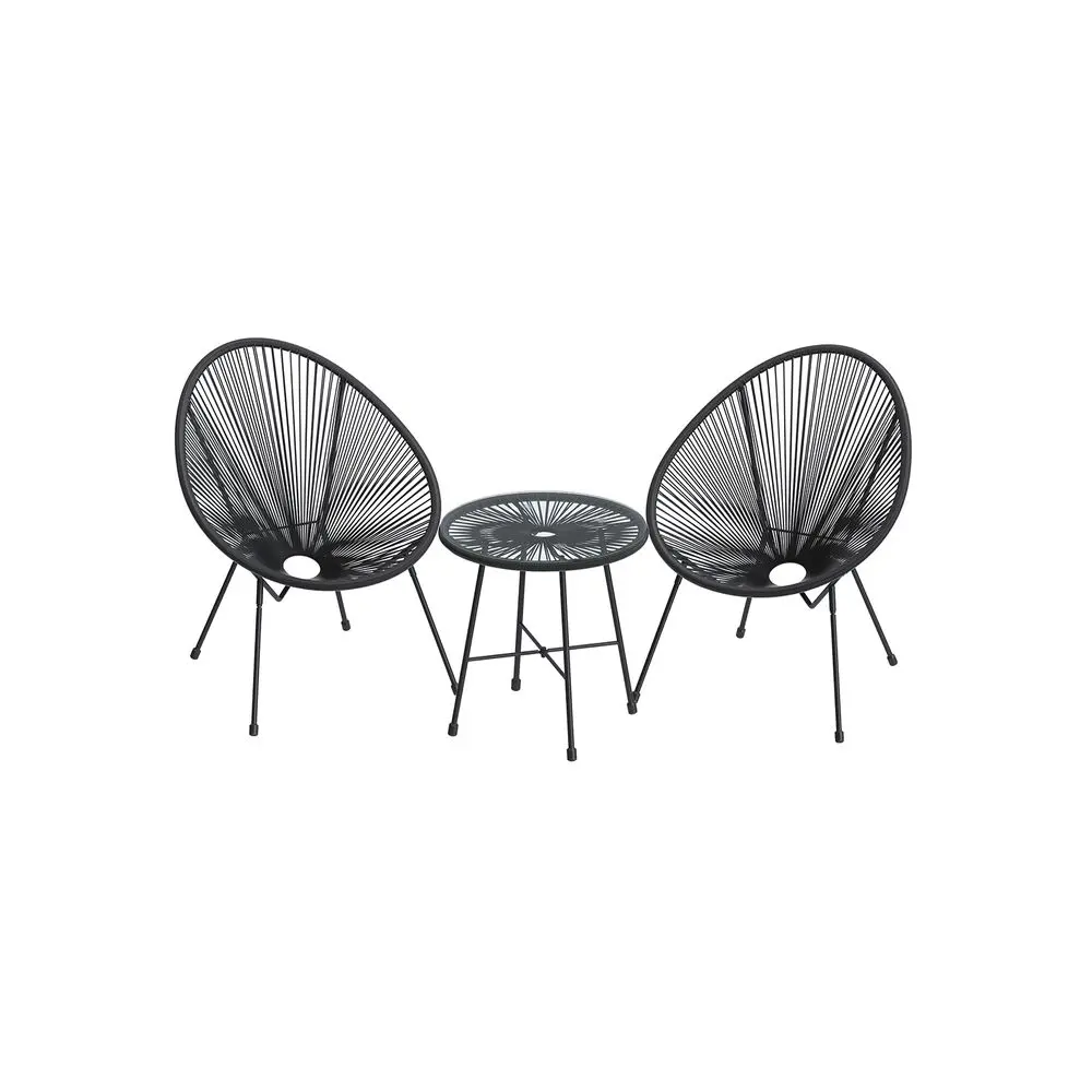 SONGMICS 3-Piece Outdoor Seating Acapulco Chair, Modern Patio Furniture Set, Glass Top Table and 2 Chairs, Indoor and Outdoor Conversation Bistro Set