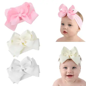 3pcs Baby Girl Headbands with Bows - Soft Stretchy Newborn Bows for Girls, Infant Toddler Hair Accessories (White, Ivory, Pink)