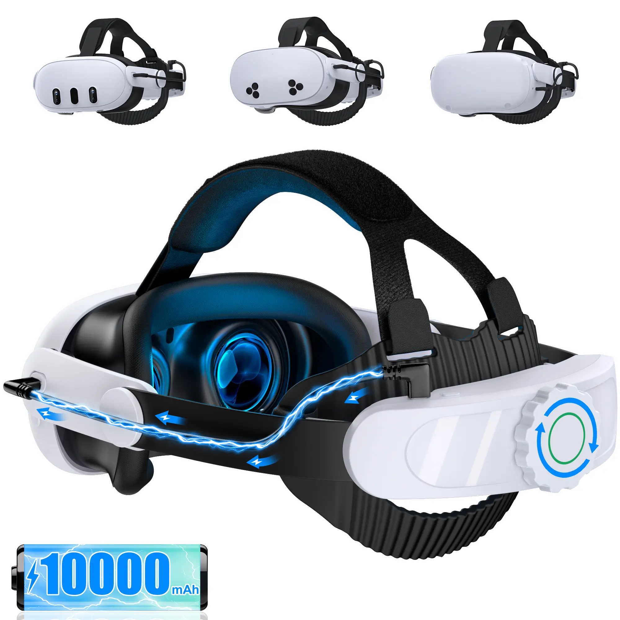 10000mAh Battery VR Headset Elite Strap Replacement for Oculus Meta Quest 3S/3/2, VR Accessories Virtual Wearable Polymer Strap with Enhanced Support, Comfort, Adjustable Interchangeability & Extended Play