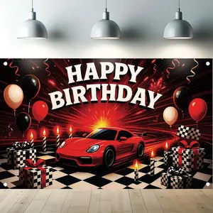 Racing-themed Happy Birthday backdrop tapestry, suitable for children's birthday party decorations, racing-themed photo shoots, and room wall decorations.
