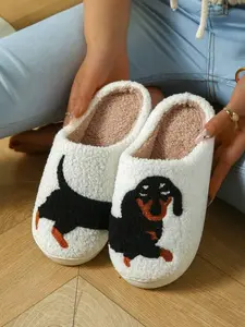 Cute Cartoon Sausage Dog Print House Slippers, Soft Thick Sole Fuzzy Lining Home Shoes, Anti-Slip Comfortable Warm Floor Shoes