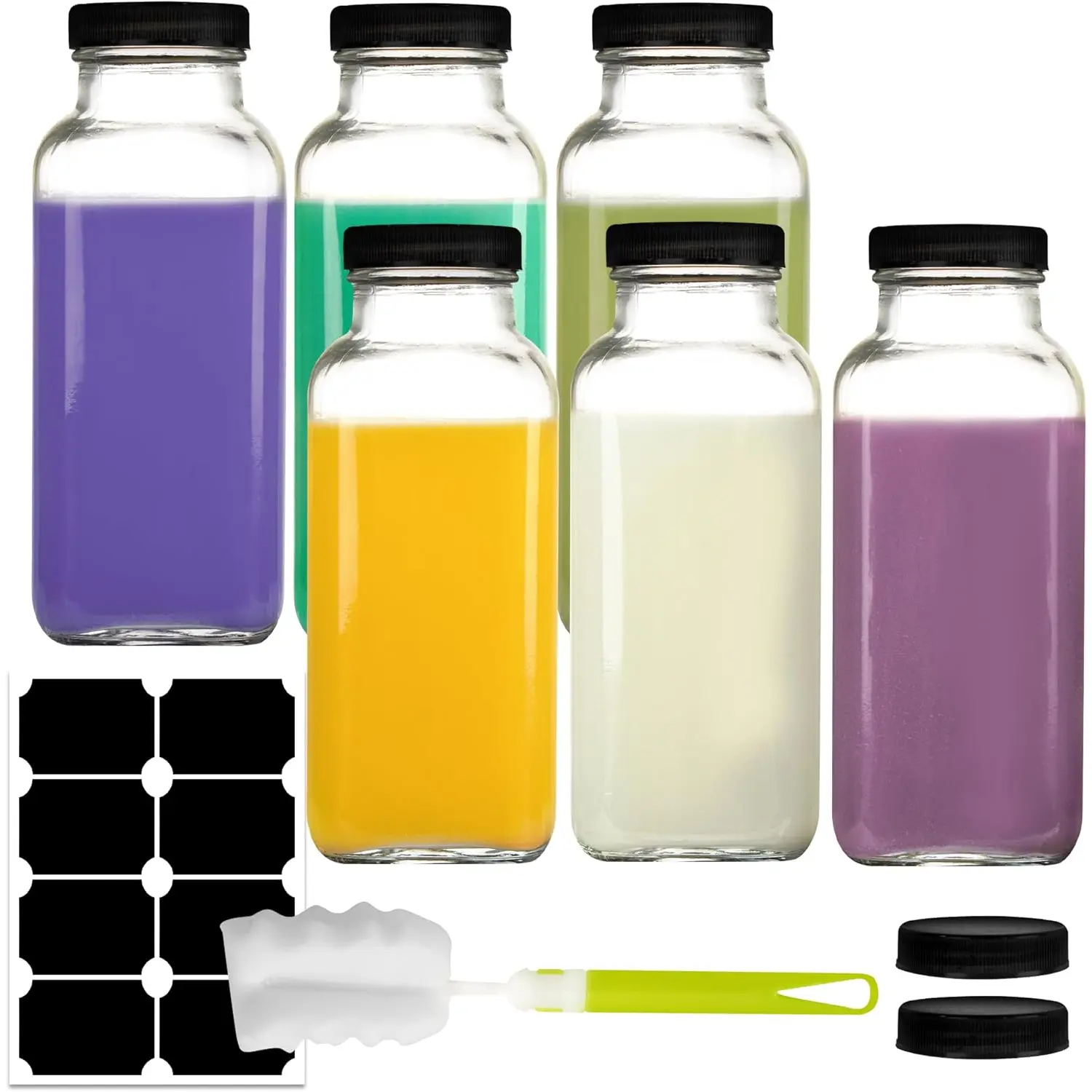 6 Pack 12 Oz Glass Juice Bottles, 350 Ml Glass Square Water Bottles with Lids, Reusable Empty Drinking Jars with Labels and Brush for Juice, Smoothies, Kombucha NAWORLI