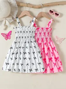 Summer Girls Sweet Dress Set, Cute Bow Print, Backless Design, Casual Fashion, Perfect for Outdoor Daily Parties, Summer Printed Dress, Graphic Print Dress