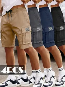 4-Pack Summer Lightweight Men's Loose Fit Streetwear Shorts, Outdoor Casual Multi-Pocket Work Pants, Solid Color Five-Panel Pants
