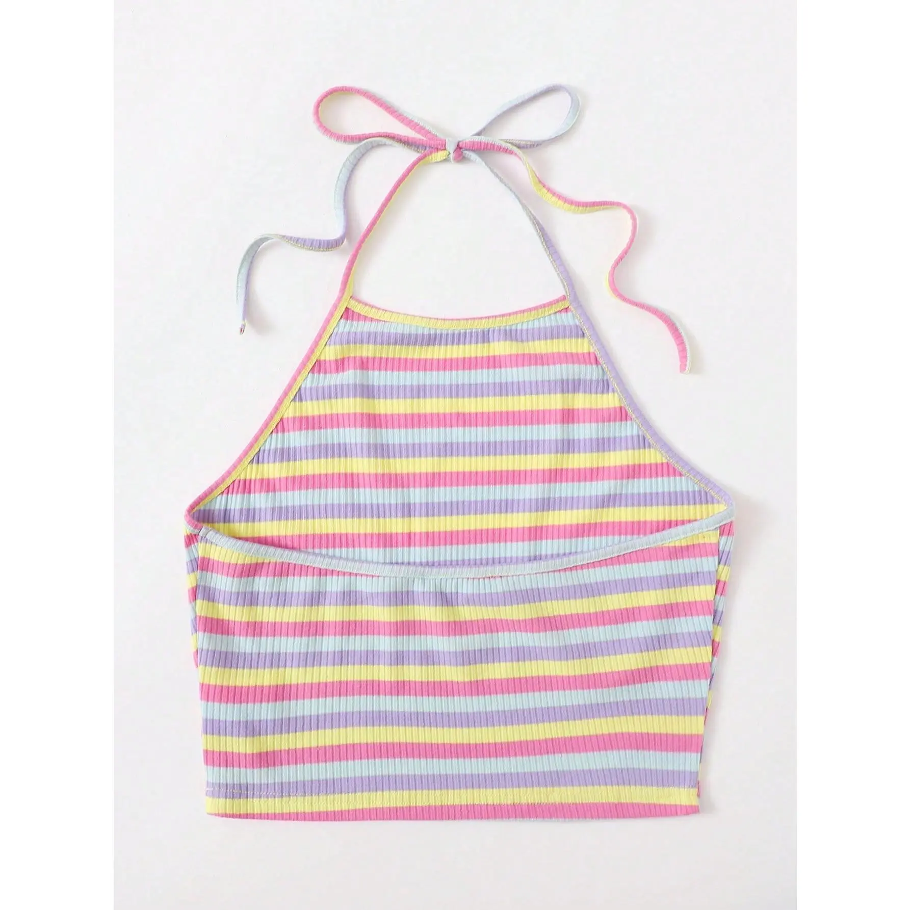 EZwear Summer Going Out Tie Back Rib-Knit Rainbow Striped Halter Top 930083