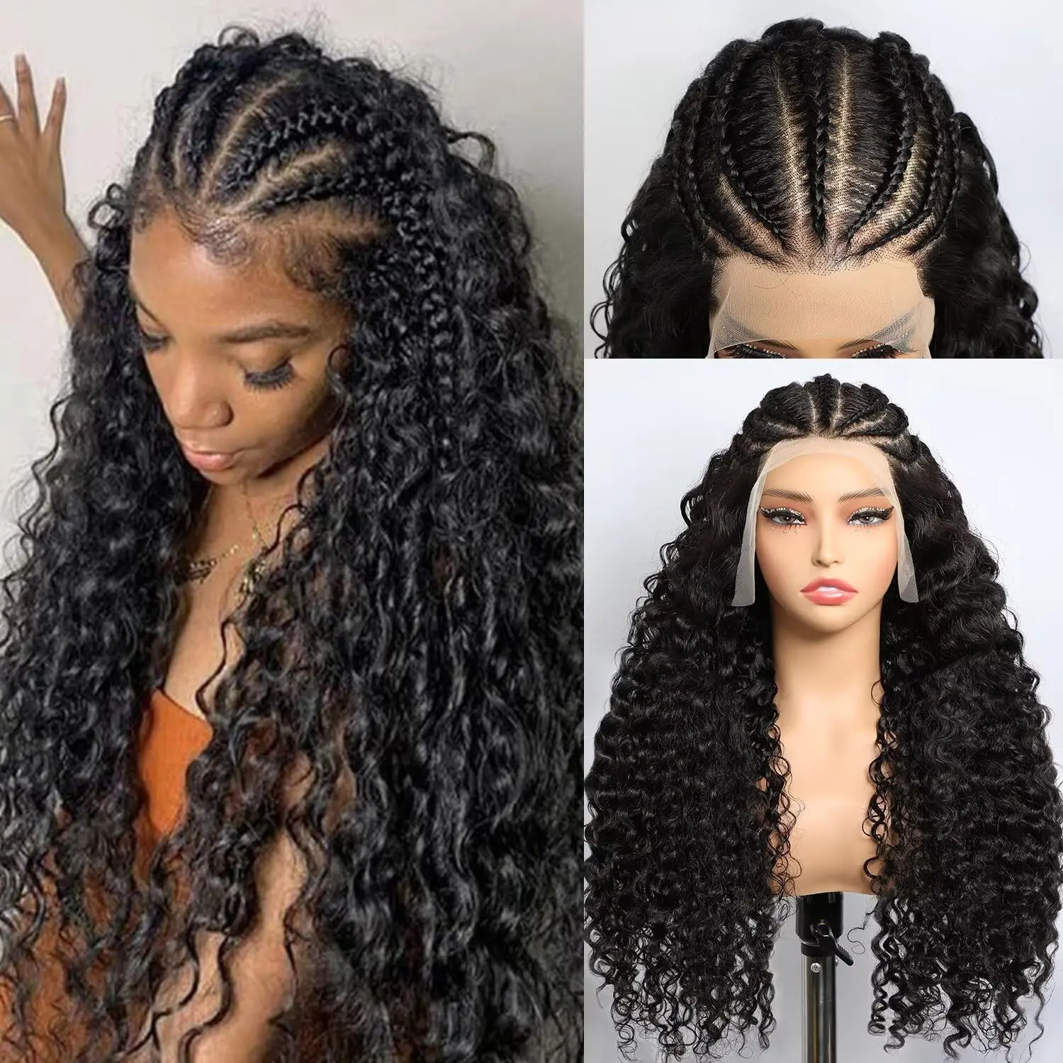 13x4 Curly Lace Frontal Wigs Braided Wigs for Black Women Handmade Cornrow Glueless Braided Wig Synthetic HD Lace Frontal 1B Black Deep Wave Wigs