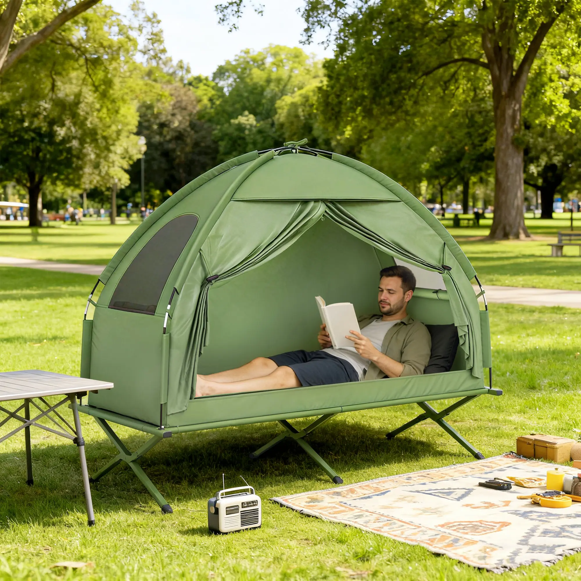 2-in-1 Portable Heavy Duty Camping Tent Cot, Sturdy Outdoor Tent & Camping Bed in 1 Bag, Lightweight Steel Legs, 225 lbs Capacity for Backpacking, Beach